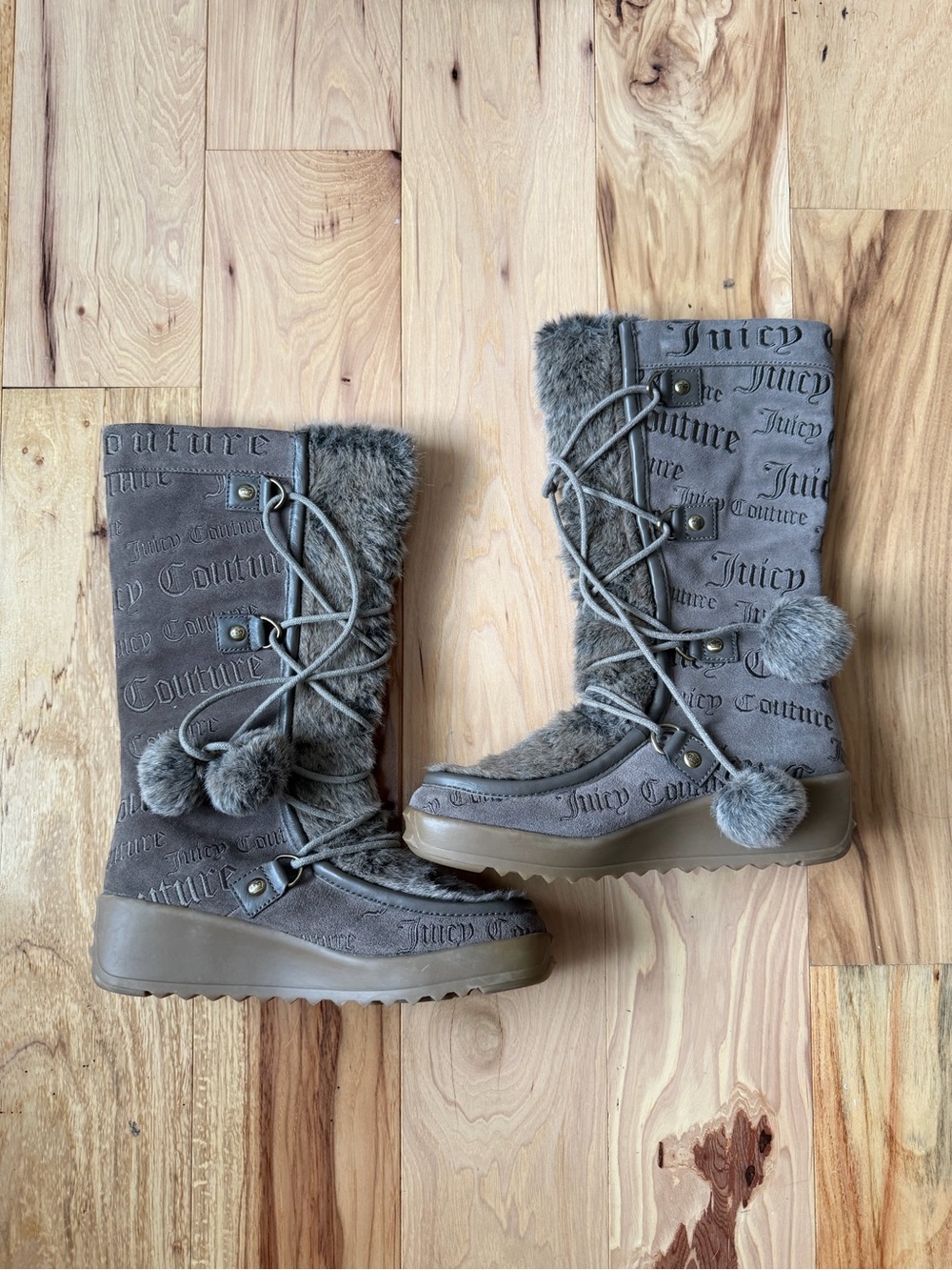Juicy Couture Gray Faux Fur Pom-Pom Winter Boots